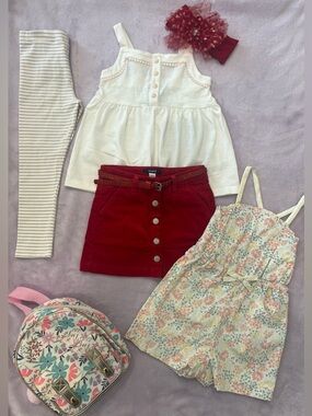 3 Outfit Bundle 3T Okaidi Skirt + Floral Romper + Claire’s Backpack NWT